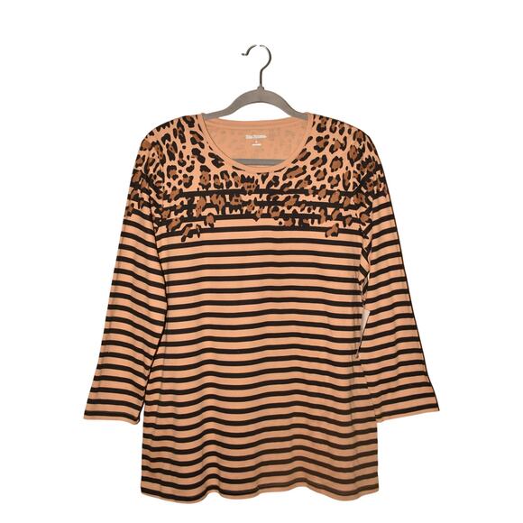 KIM ROGERS NEW $26 Tan‎ Black Animal Print Striped 3/4 Sleeve Tunic Shirt Large - Picture 1 of 3